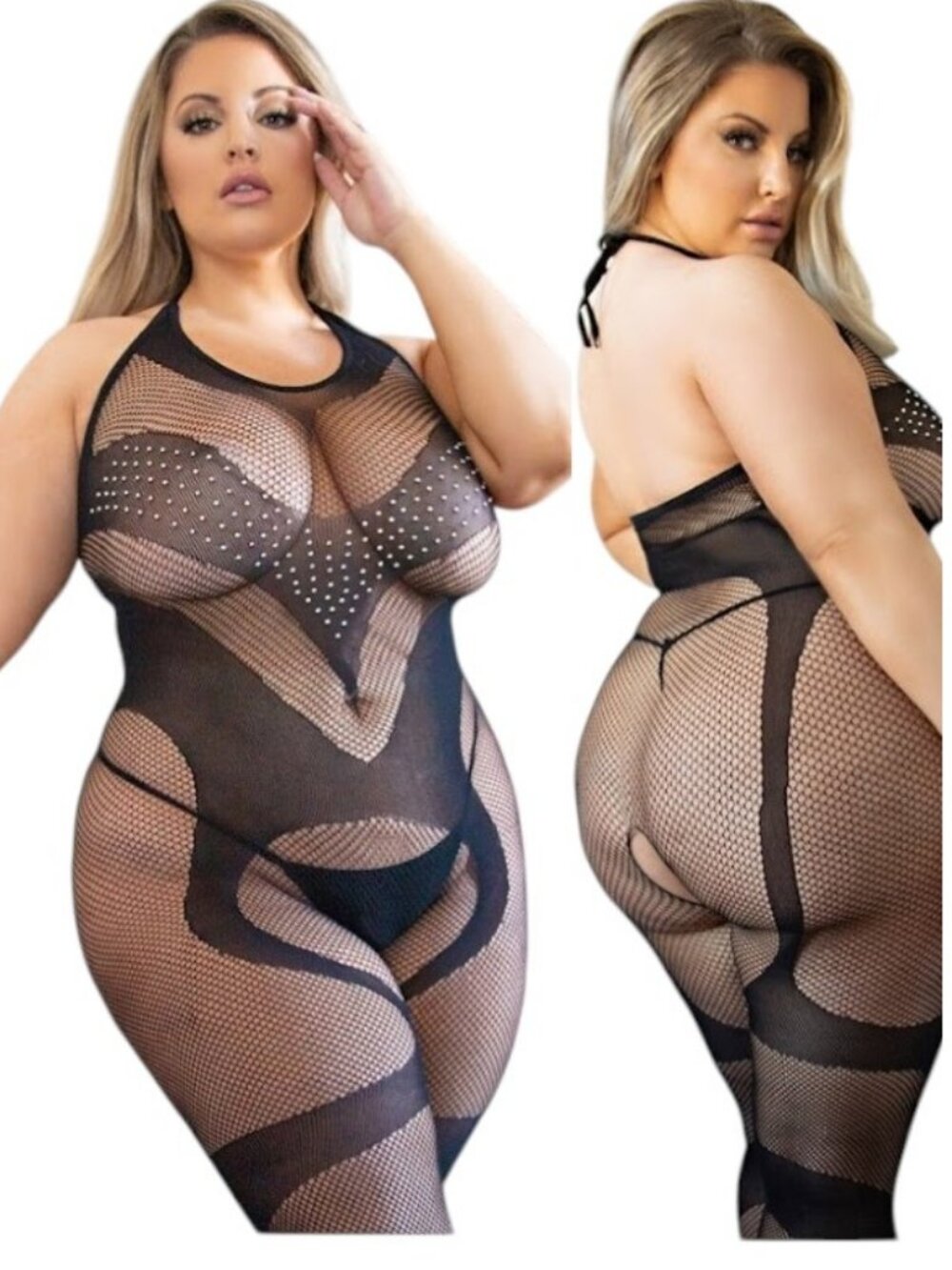 Queen Size Rhinestone Fishnet Bodystocking Swirl Pattern Crotchless Lingerie NWT